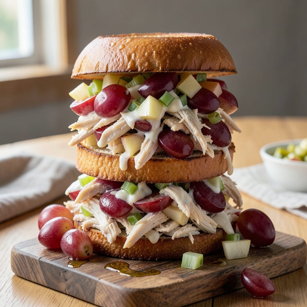 Comprehensive chicken salad sandwich recipe with grapes and apples visual reference