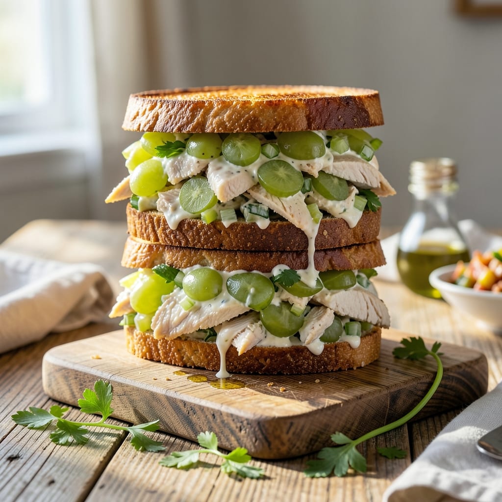 Visual representation of chicken salad sandwich recipe with grapes and celery