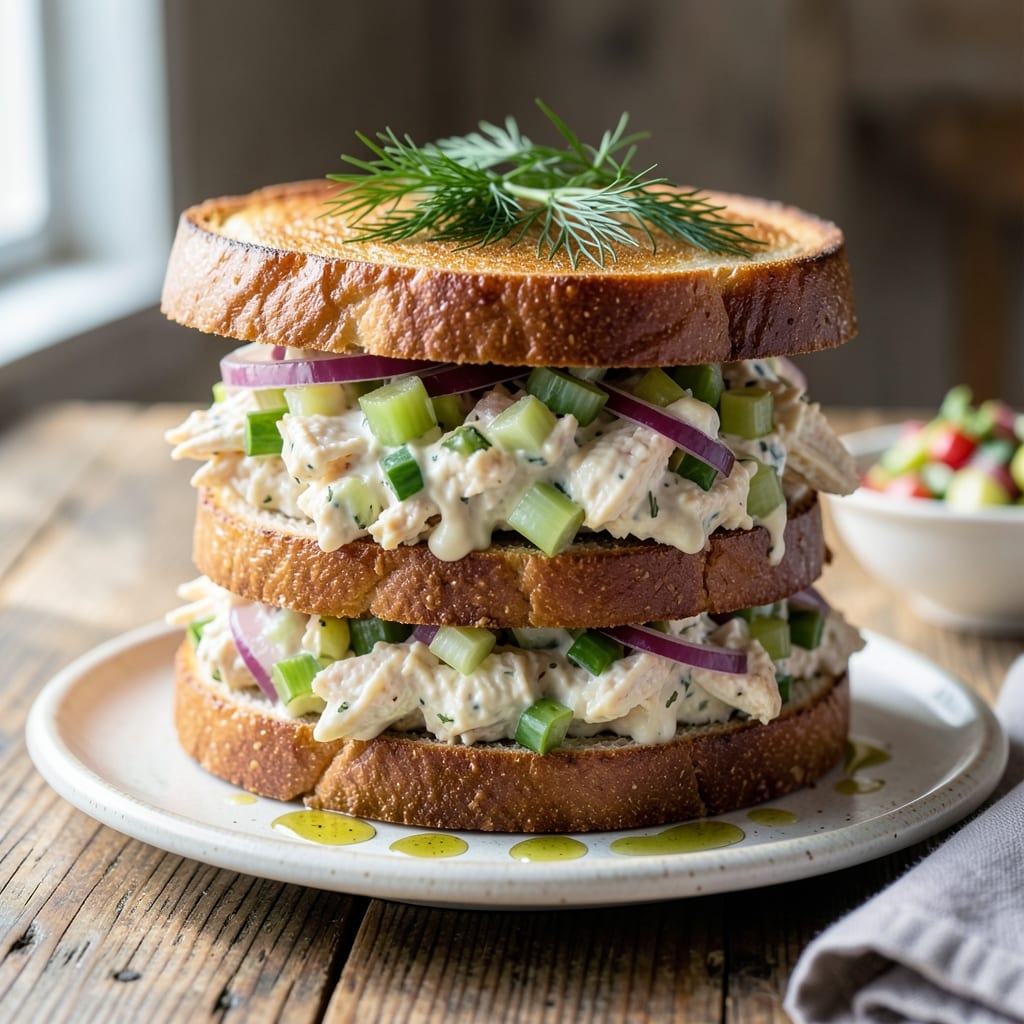 Complete chicken salad sandwich recipe with pickles overview image