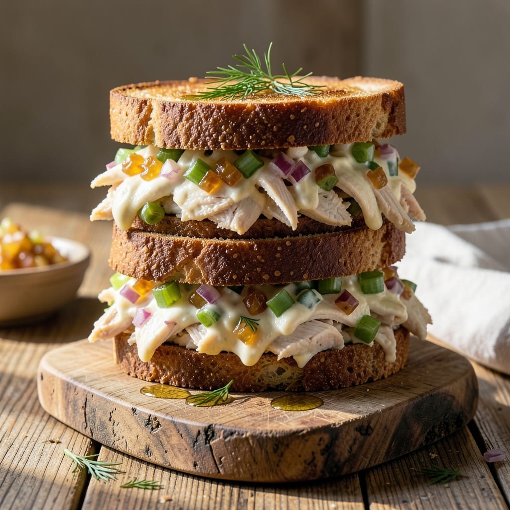 Complete chicken salad sandwich recipe with relish overview image
