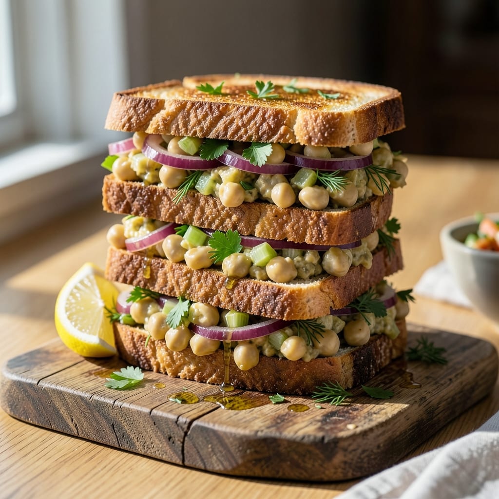 Visual representation of chickpea salad sandwich recipe no mayo