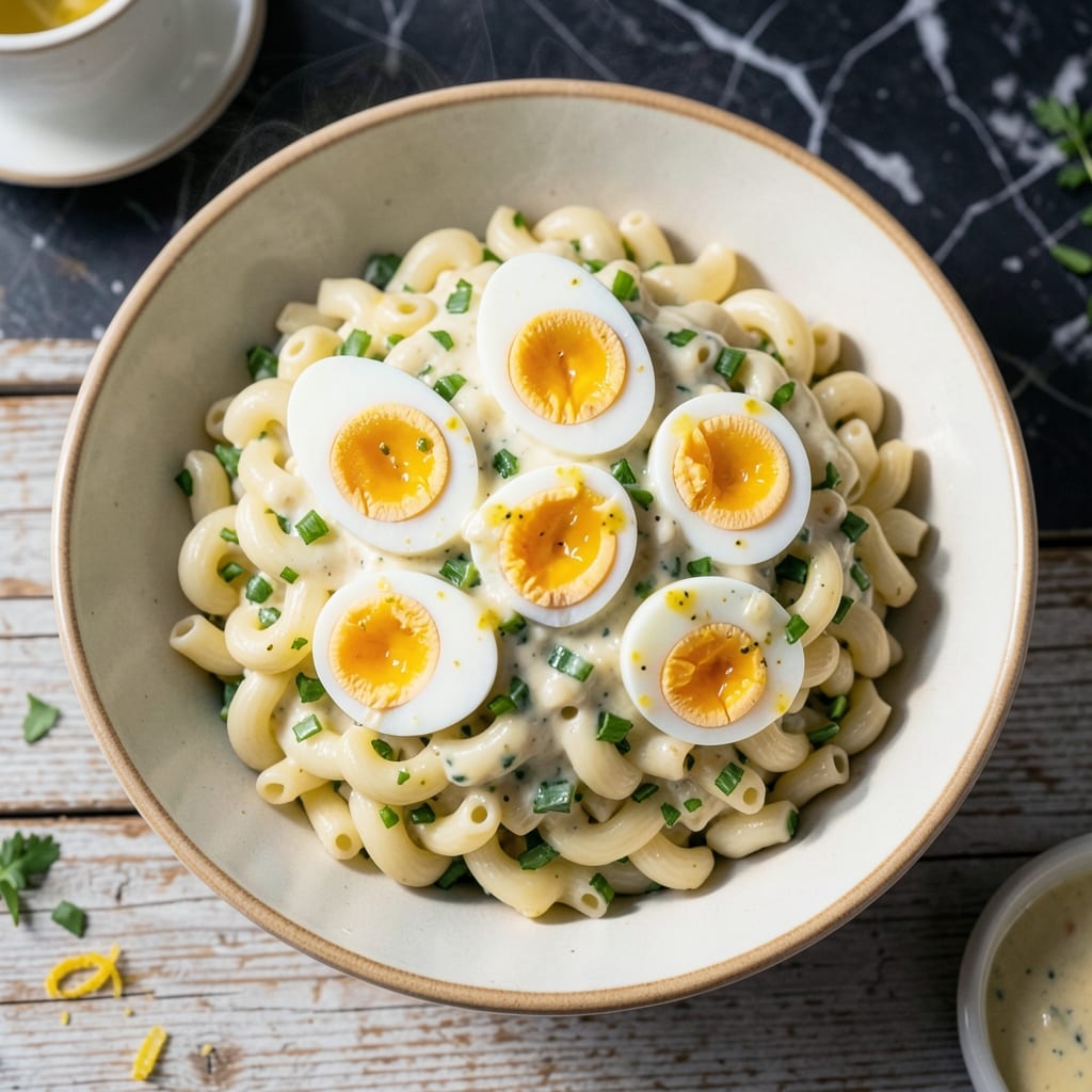 classic macaroni salad recipe with egg illustration with key details