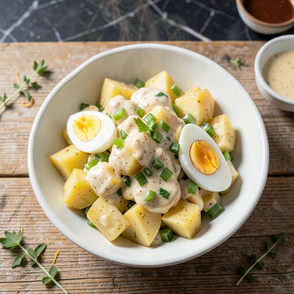 classic potato salad recipe with vinegar illustration with key details
