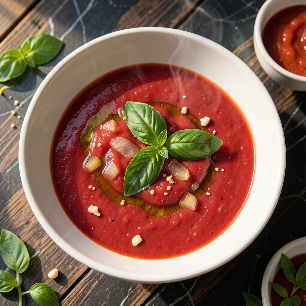 Visual representation of Classic Tomato Soup Recipe: Velvety Smooth with Fresh Basil
