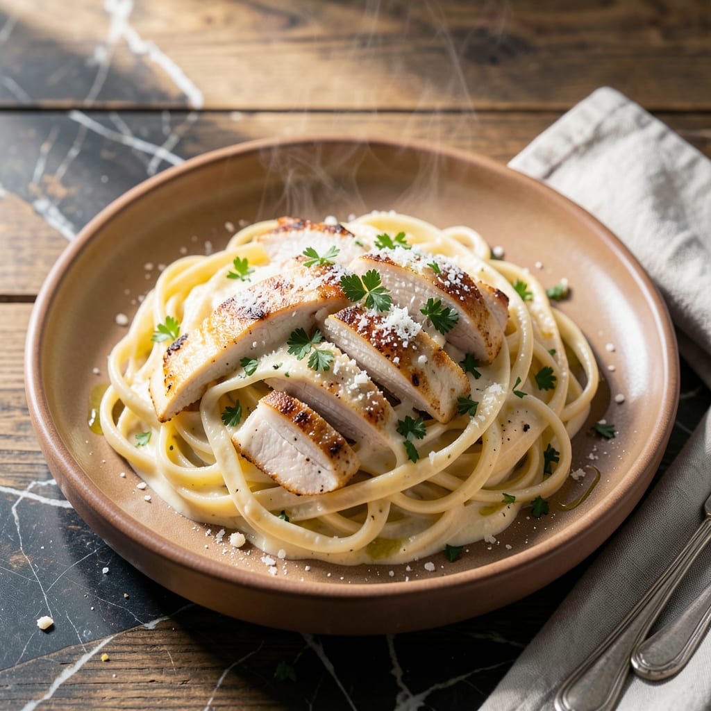 Classico Chicken Alfredo Recipe: Garlic Infused Cream Sauce Over Tender Pasta illustration with key details