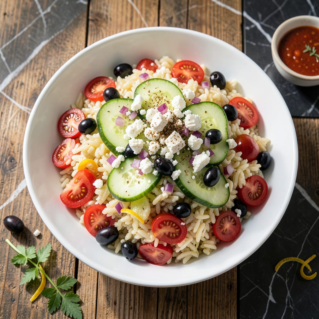 Costco Orzo Salad Recipe: Bright Mediterranean Crunch in Every Forkful illustration with key details