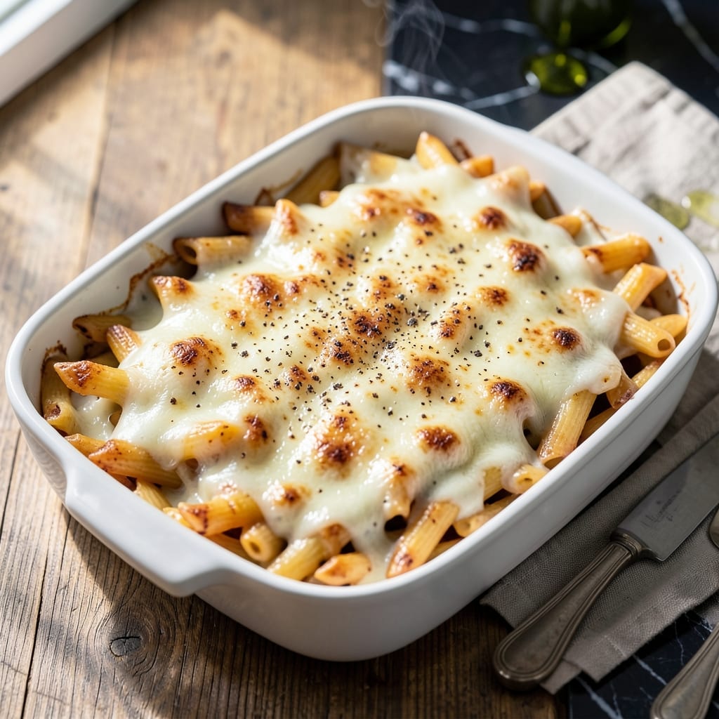 creamy pasta bake recipe easy illustration with key details