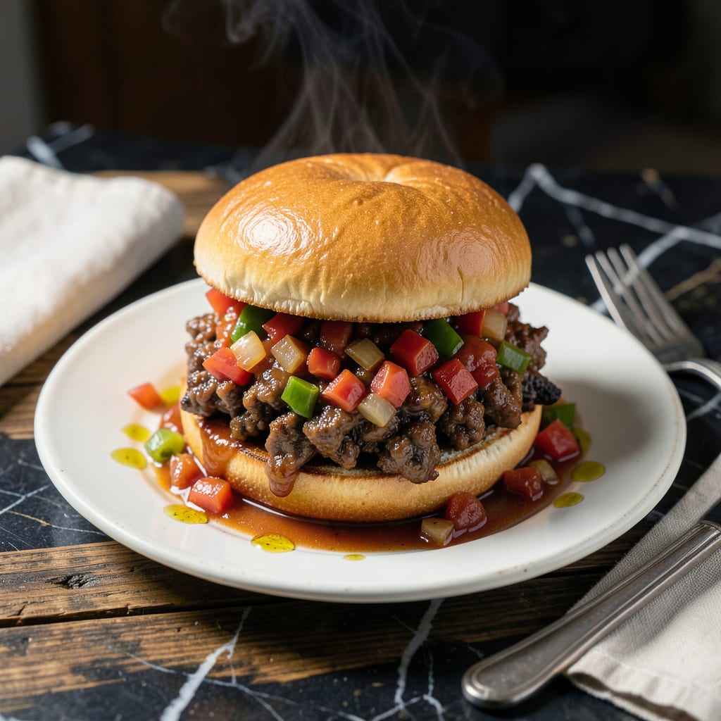 Dairy Queen Sloppy Joe Recipe: Copycat Saucy Ground Beef Sandwich illustration with key details