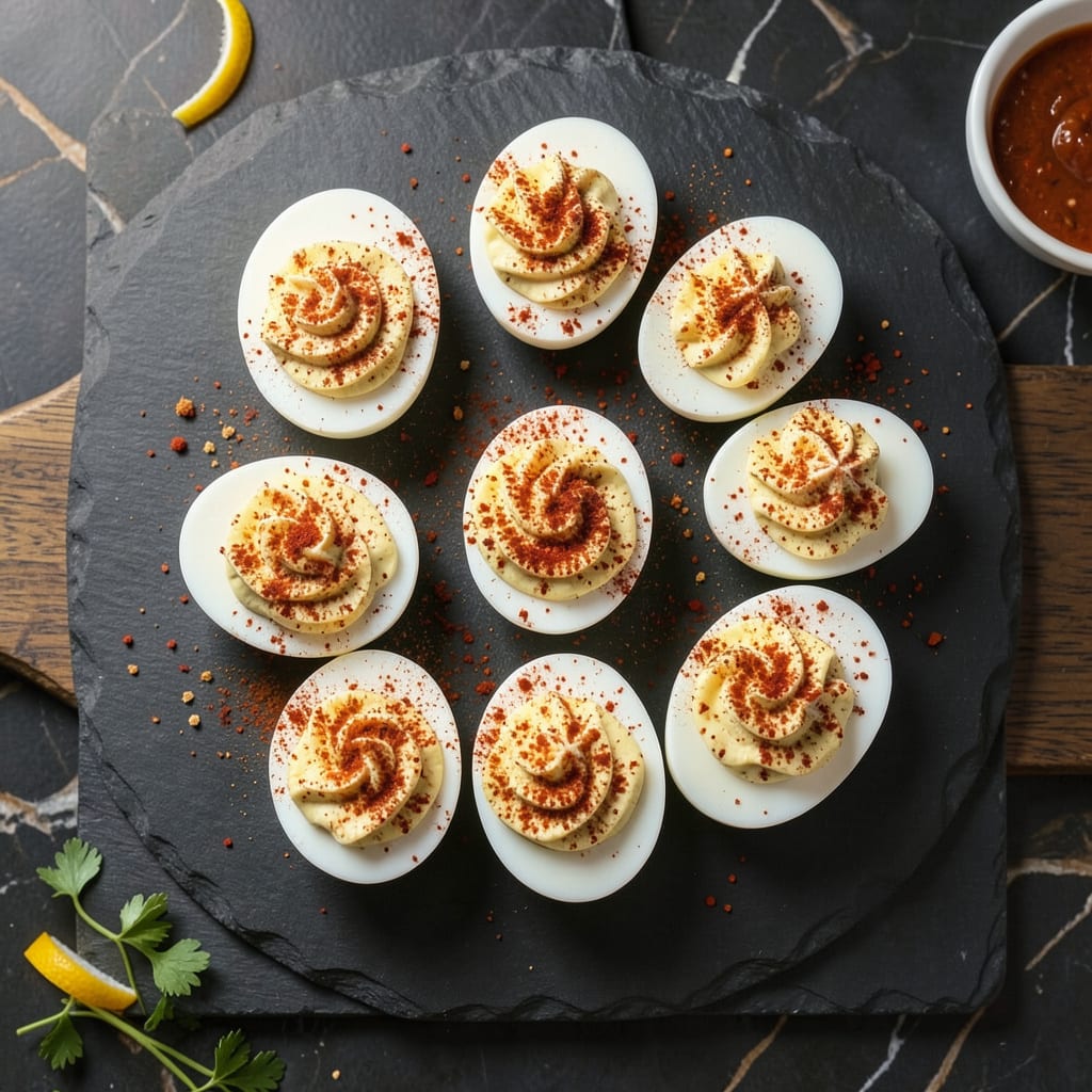 Dinosaur BBQ Deviled Eggs Recipe: Smoky, Spicy Kick for Your Party Platter example with annotations