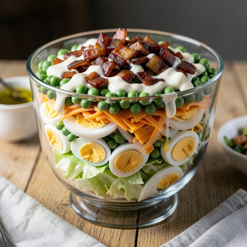 Recipe for 7 Layer Salad With Mayonnaise: Classic Picnic Layers of Crunch and Cream Recipe for 7 Layer Salad With Mayonnaise: Classic Picnic Layers of Crunch and Cream