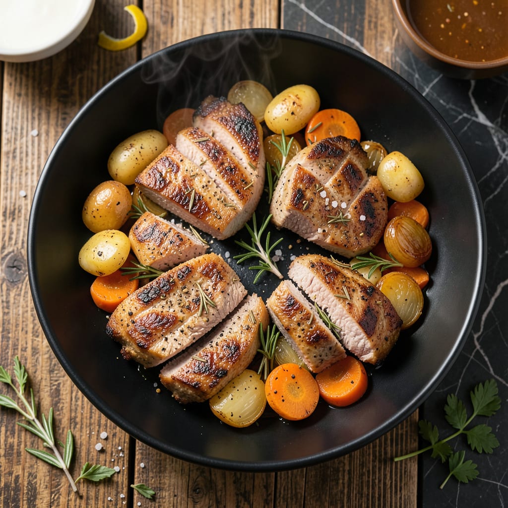 Easy Recipe For Pork Loin Chops: Pan Seared and Herb Crusted illustration with key details