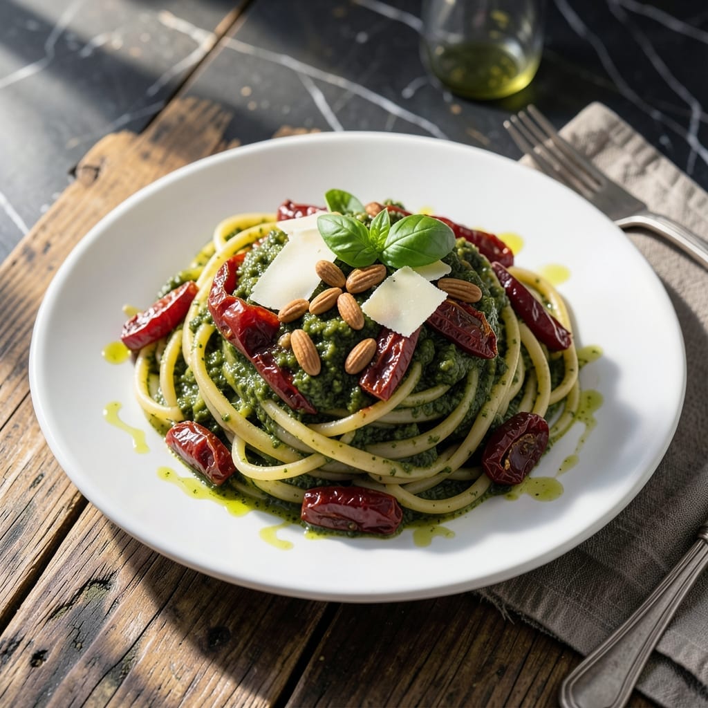 Basil Pesto Pasta Recipe With Sun Dried Tomatoes: Mediterranean Flavors in 20 Minutes