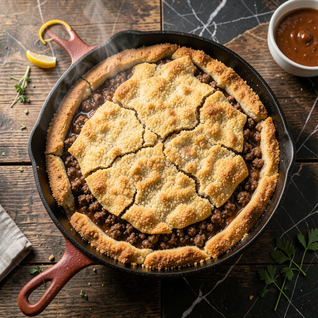 El Corral Tamale Pie Recipe: Layers of Spiced Cornmeal and Beef illustration with key details