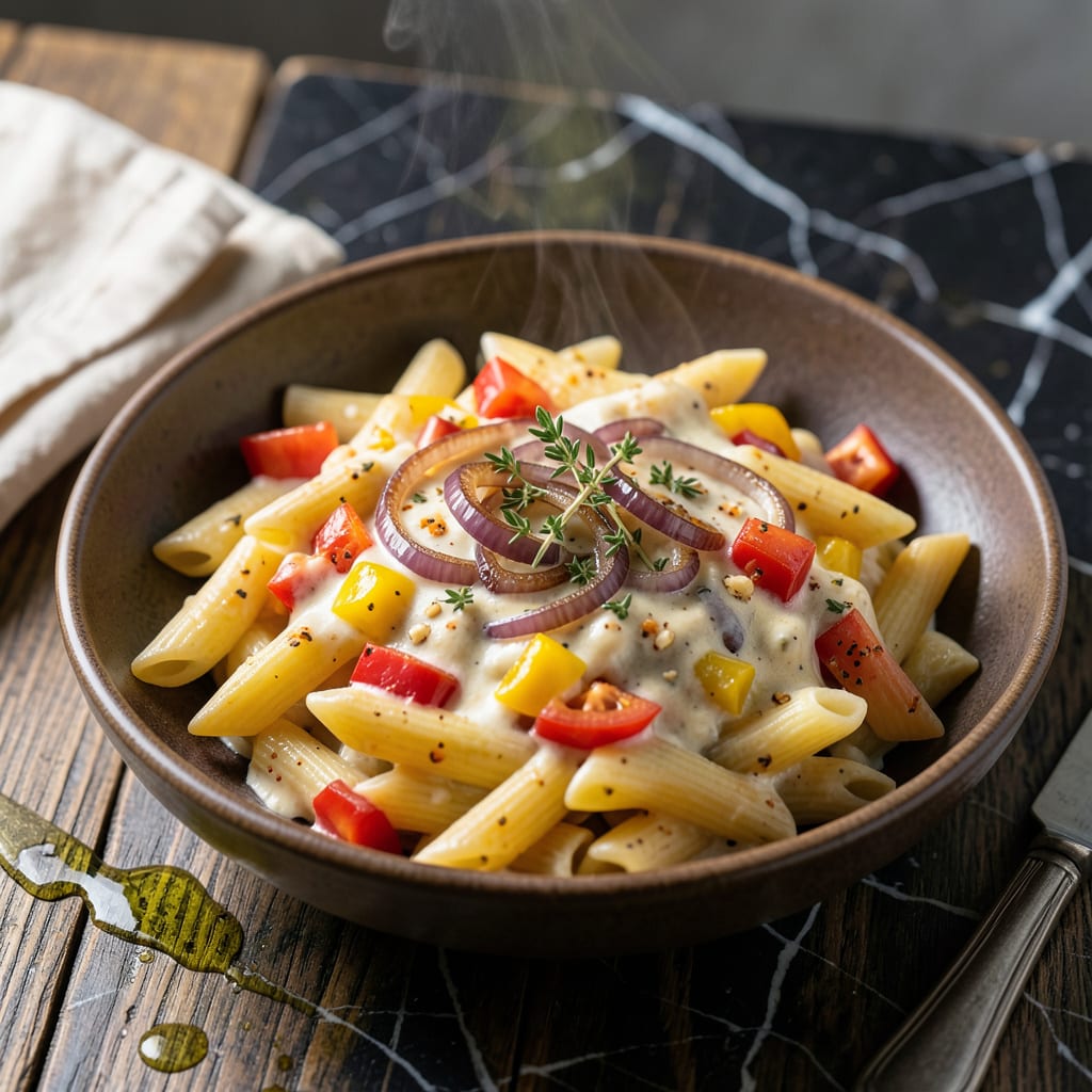 Footprints Rasta Pasta Recipe: Jamaican Jerk Cream Sauce with Bold Spice example with annotations