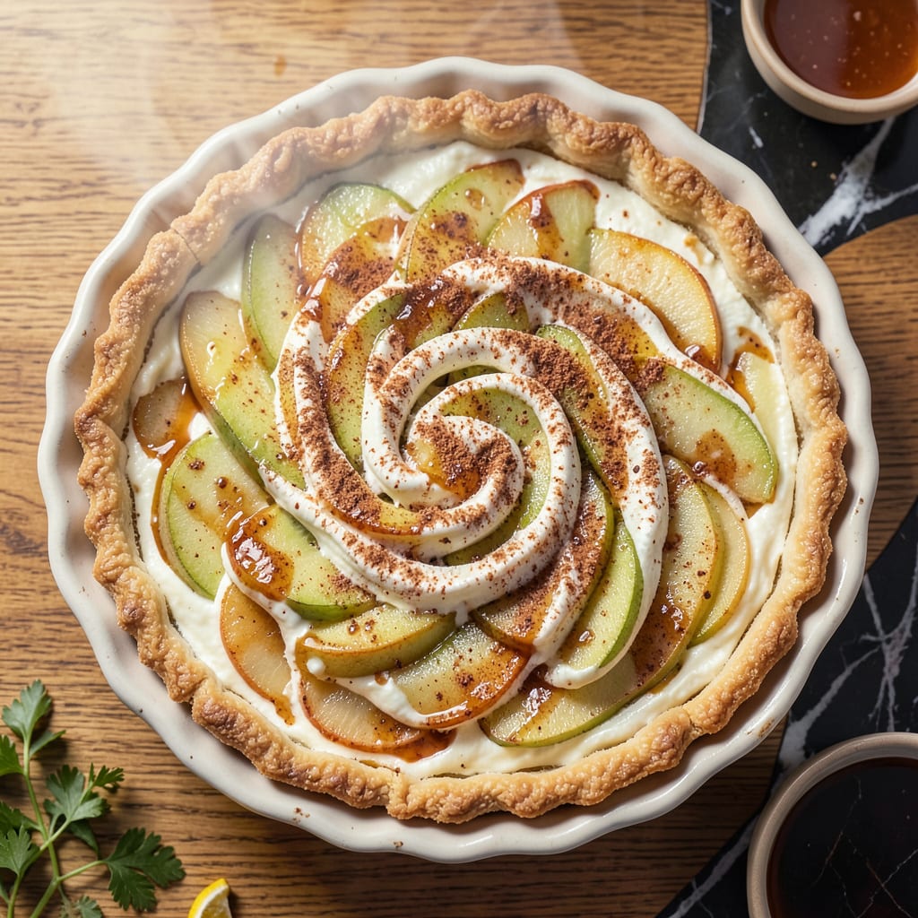 french apple cream cheese pie recipe illustration with key details