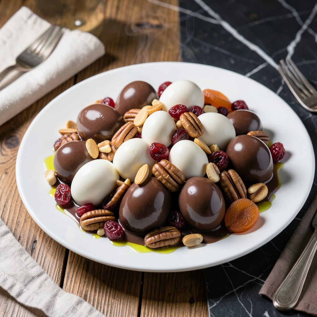 Fruit and Nut Easter Egg Recipe: Chocolate Covered Crunch With Spring Colors illustration with key details