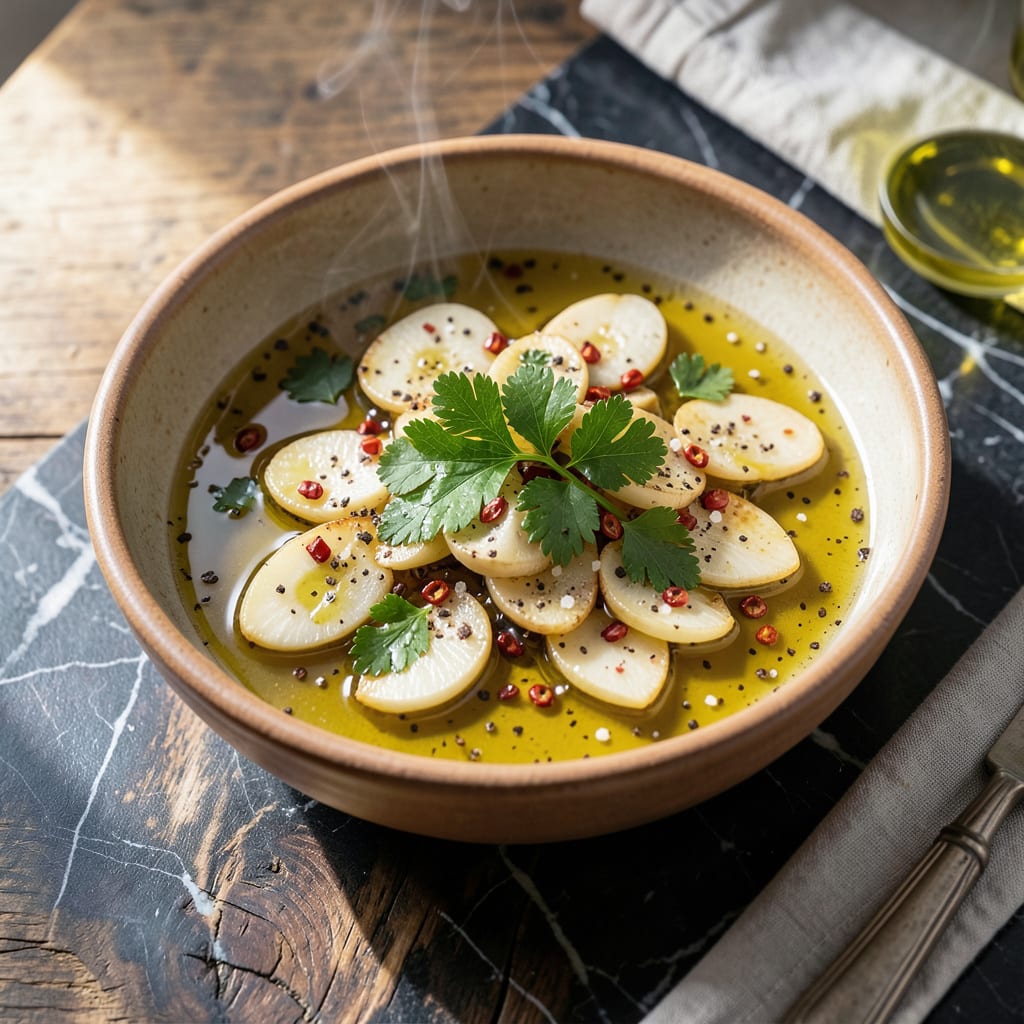 Visual representation of Garlic and Oil Sauce Recipe: Simple Emulsion With Bold Flavor