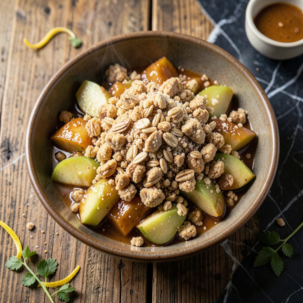 Gordon Ramsay Apple Crumble Recipe: Buttery Oat Topping With Warm Cinnamon Apples example with annotations