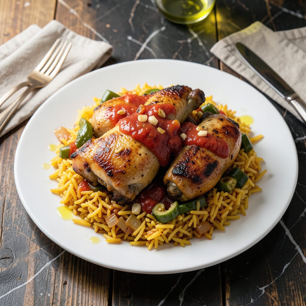 Visual representation of goya chicken and yellow rice recipe