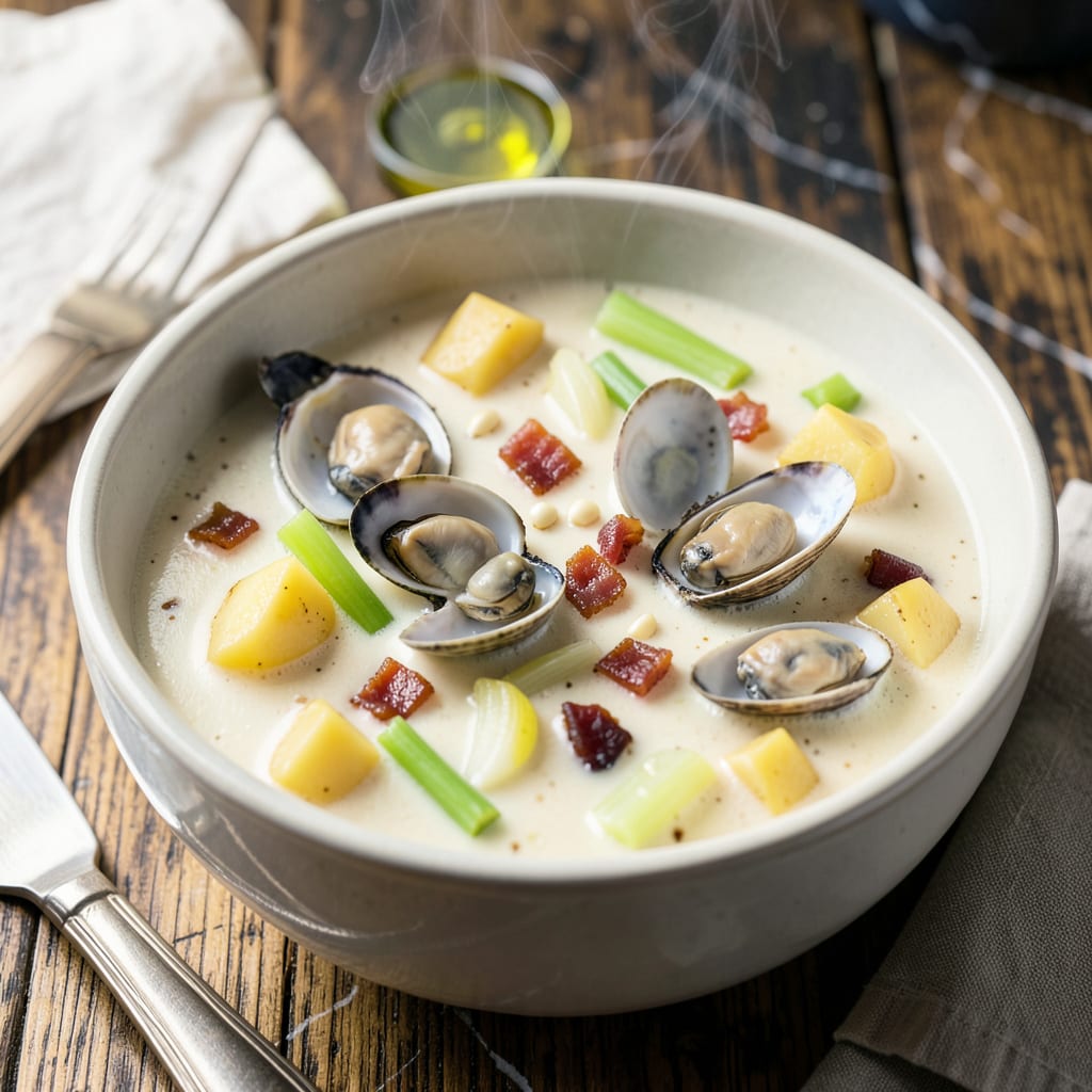 Gracie's Sea Hag Clam Chowder Recipe: New England Creaminess in a Bowl illustration with key details