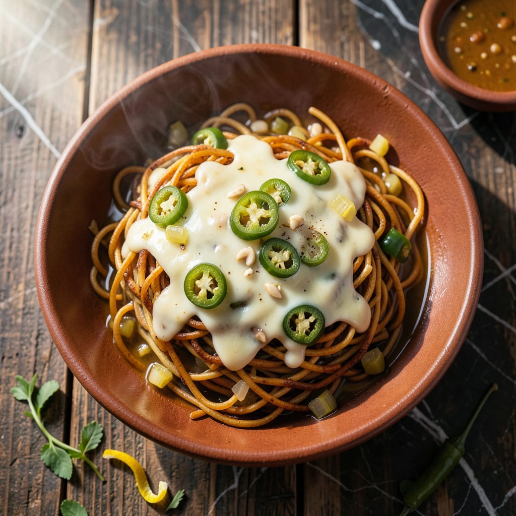 green chili cheese fideo recipe illustration with key details