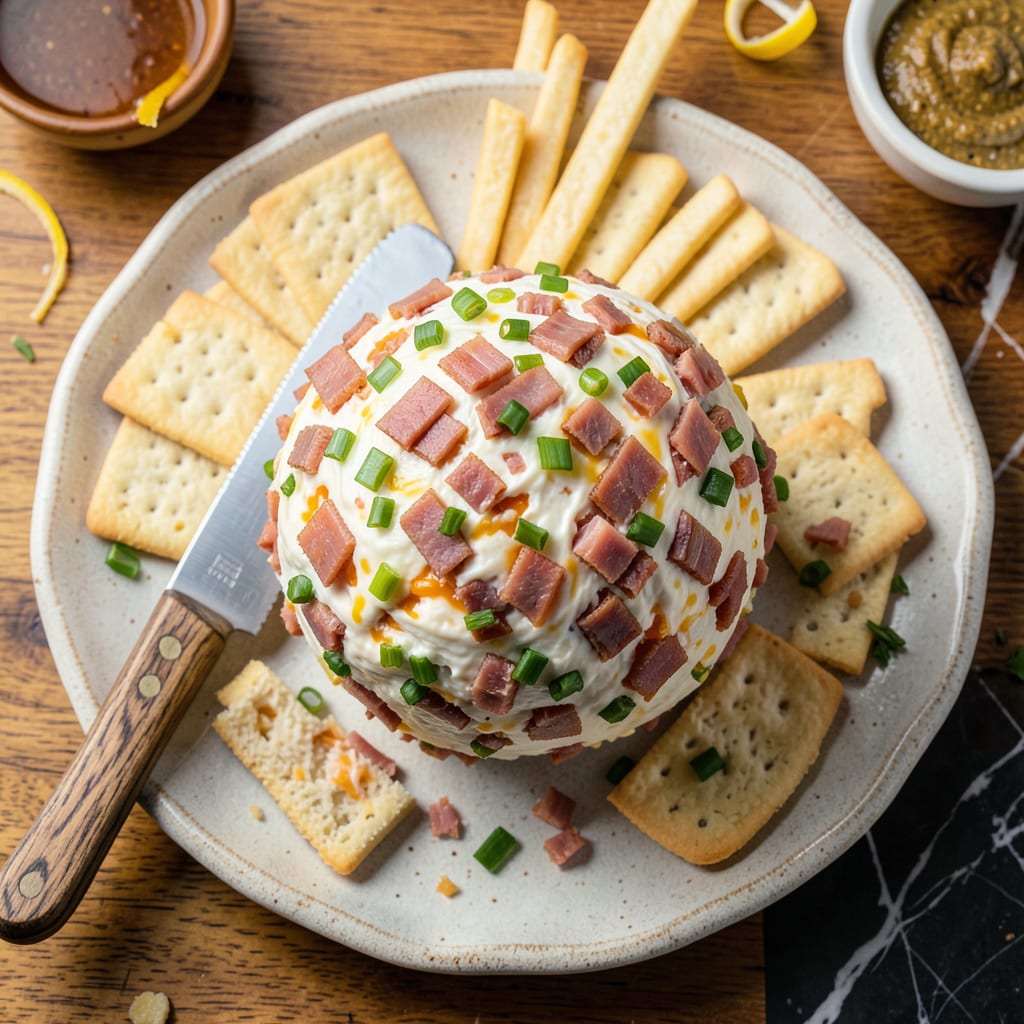 Visual representation of ham and green onion cheese ball recipe