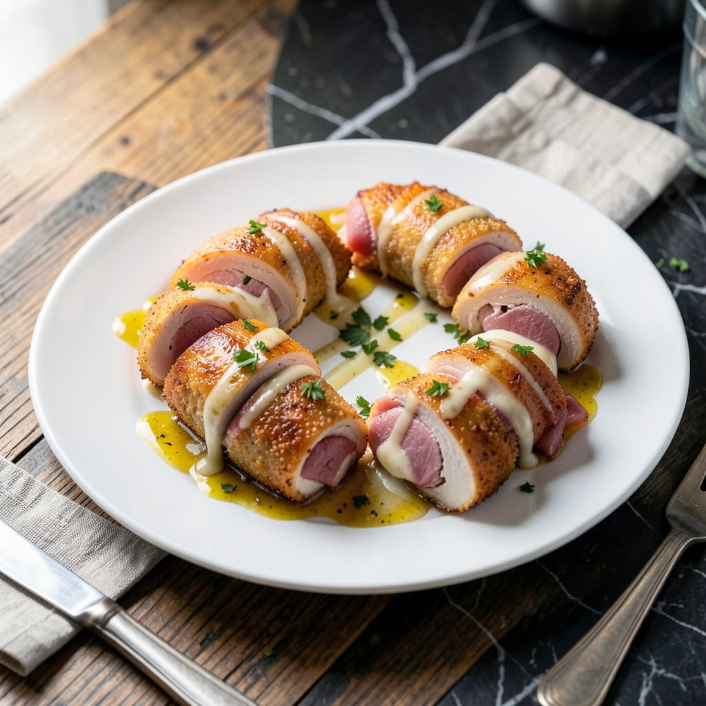 Ina Garten Chicken Cordon Bleu Recipe: Ham and Swiss Stuffed Elegance illustration with key details