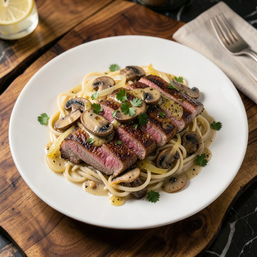Visual representation of Ina Garten's Beef Stroganoff Recipe: Mushroom Rich Cream Sauce Over Buttery Noodles