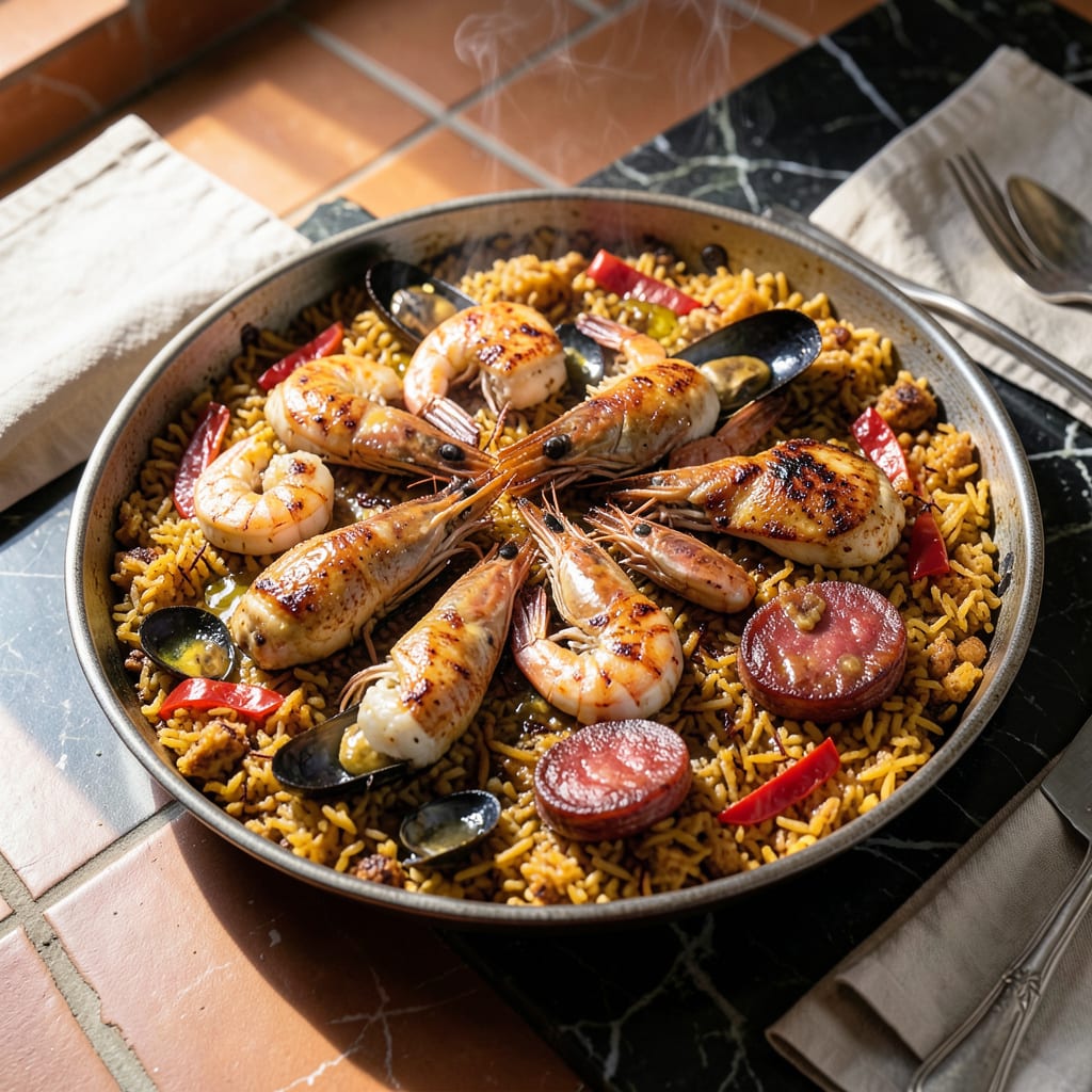 Ina Garten's Paella Recipe: Saffron Infused Spanish Feast illustration with key details