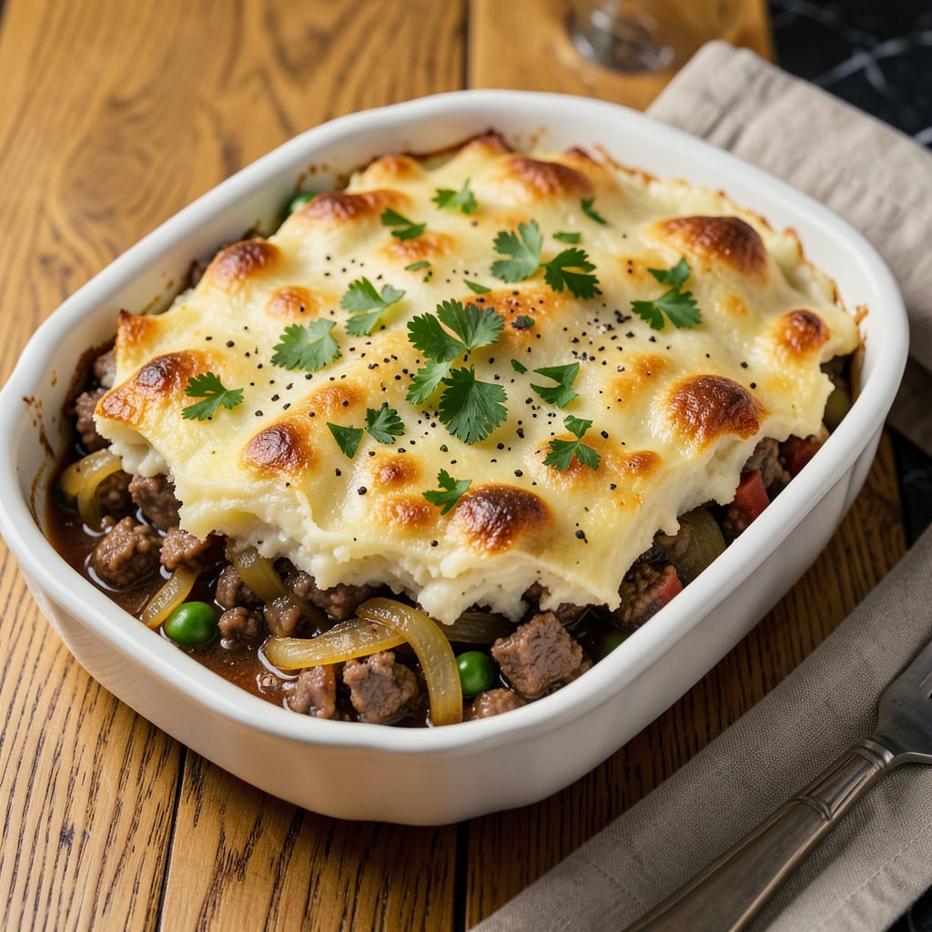 Visual representation of Ina Garten's Shepherd's Pie Recipe: Creamy Mashed Potato Crown Over Savory Lamb Filling