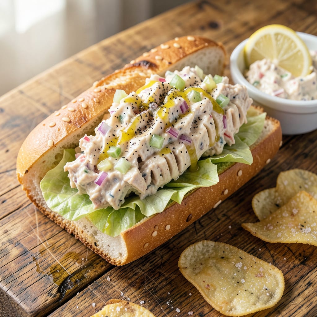 Jersey Mike’s Tuna Recipe: Sub Shop Style Creaminess With Crunchy Veggies illustration with key details