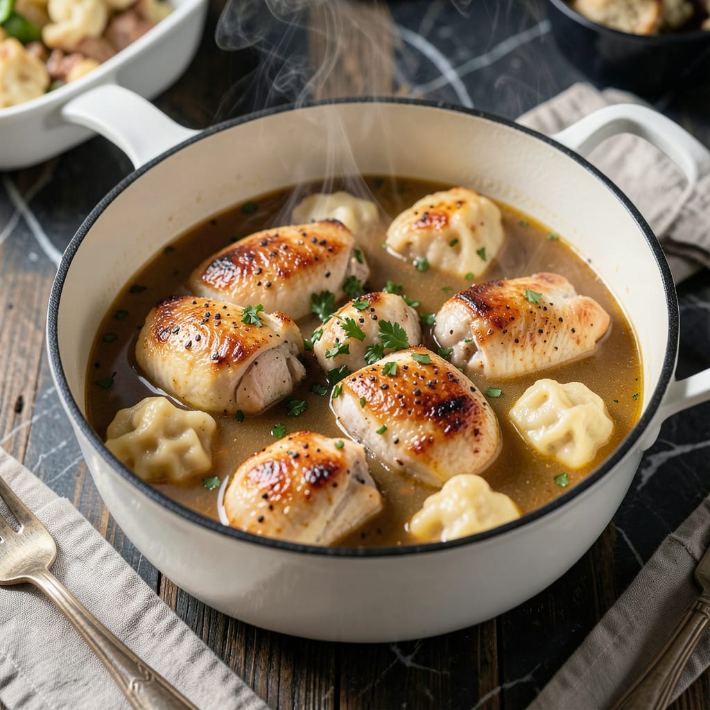 joanna gaines chicken and dumplings recipe illustration with key details