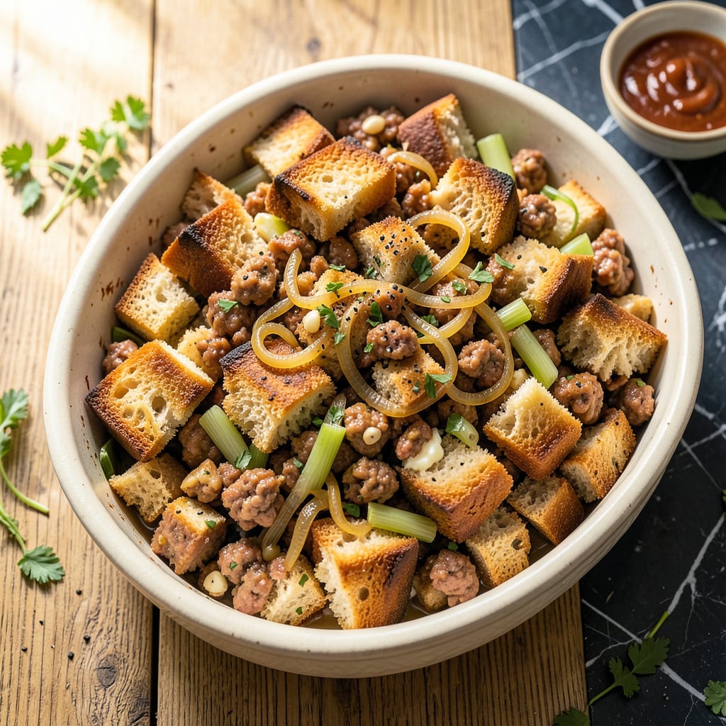 Joanna Gaines' Stuffing Recipe: Herb Infused Golden Crust for the Holiday Table illustration with key details