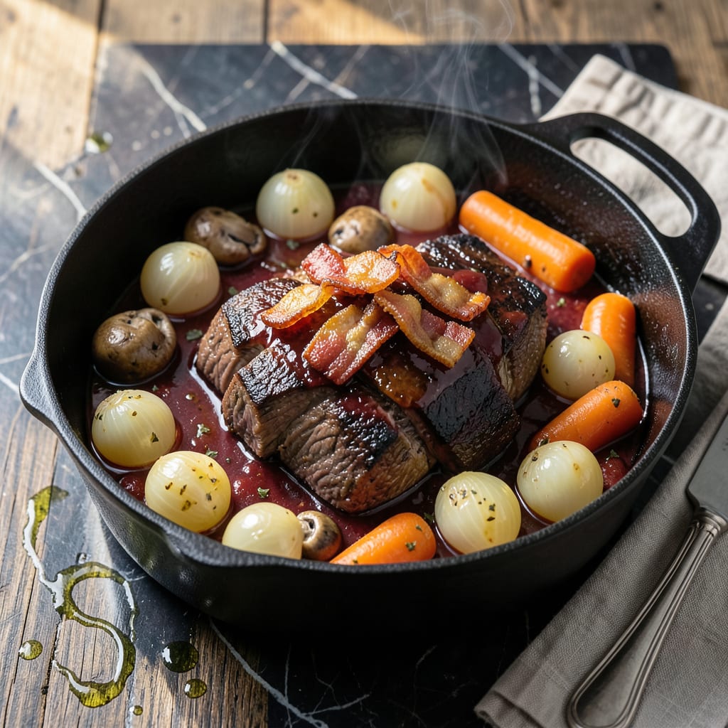 Visual representation of julia childs beef bourguignon recipe