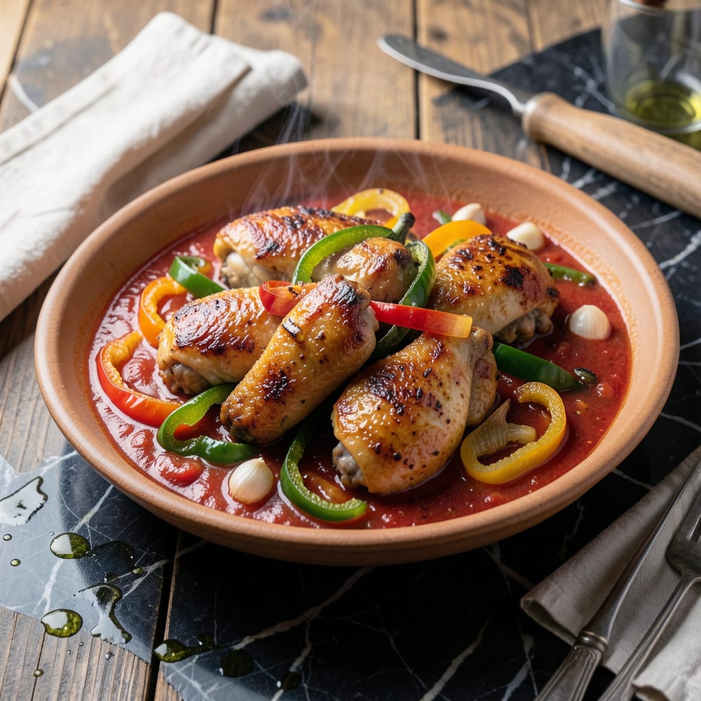 Katie Parla's Chicken Cacciatore Recipe: Rustic Italian Hunter Style Stew illustration with key details