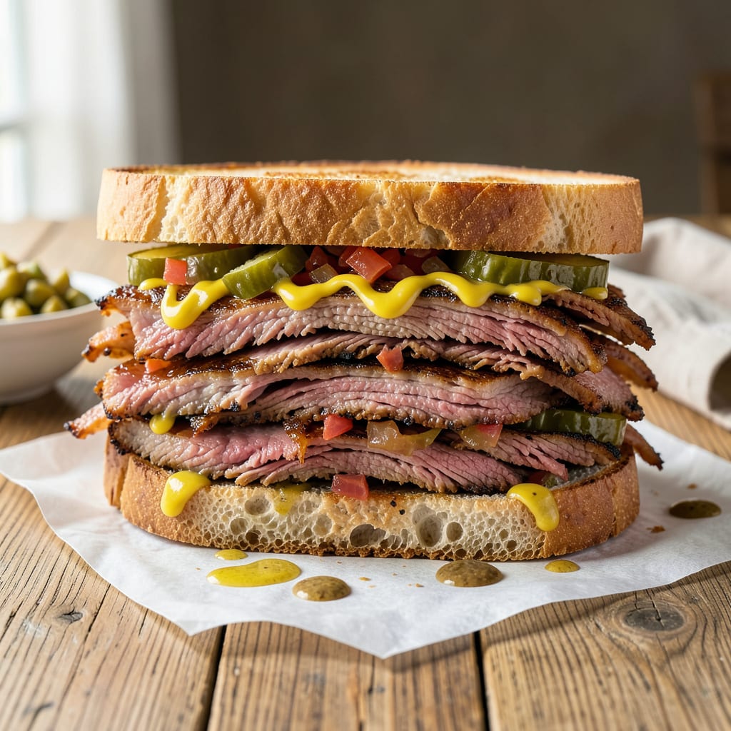 Complete Katz Deli Pastrami Sandwich Recipe: New York Style Pile High With Mustard Swirl overview image