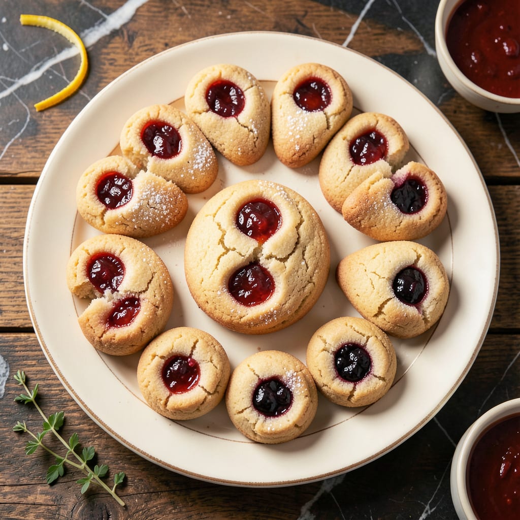 kaufmanns thumbprint cookie recipe illustration with key details