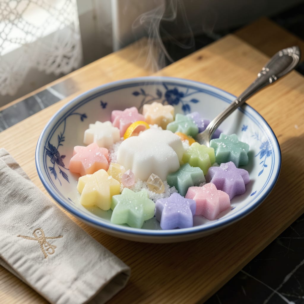 Konpeito Candy Recipe: Japanese Star Shaped Sugar Crystals at Home illustration with key details