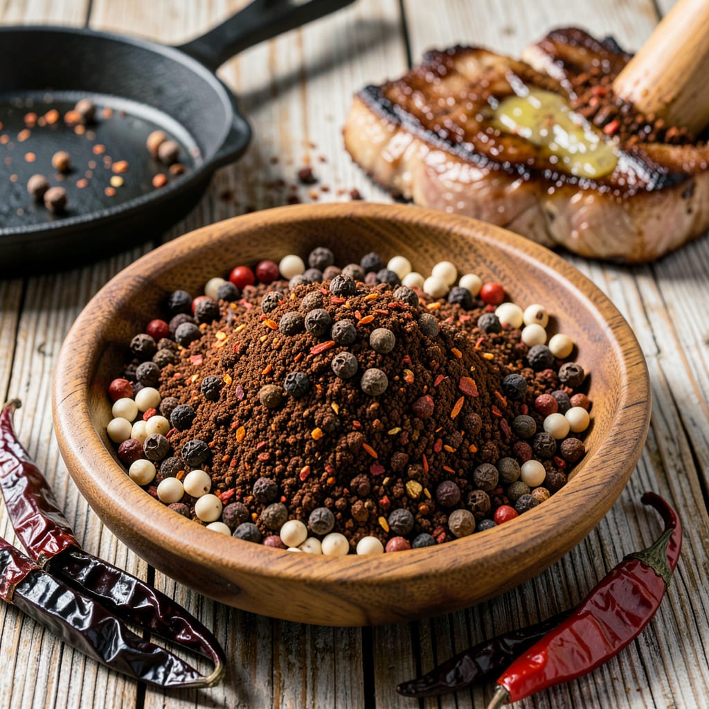 Visual representation of Longhorn 7 Pepper Seasoning Recipe: Bold Steakhouse Spice Blend for Grills and Skillets
