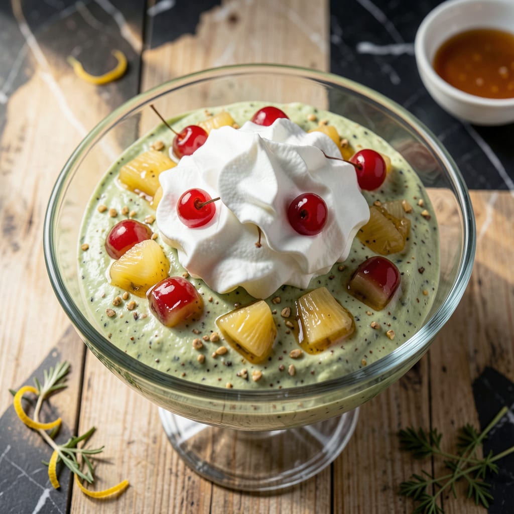 lubys pistachio salad recipe illustration with key details