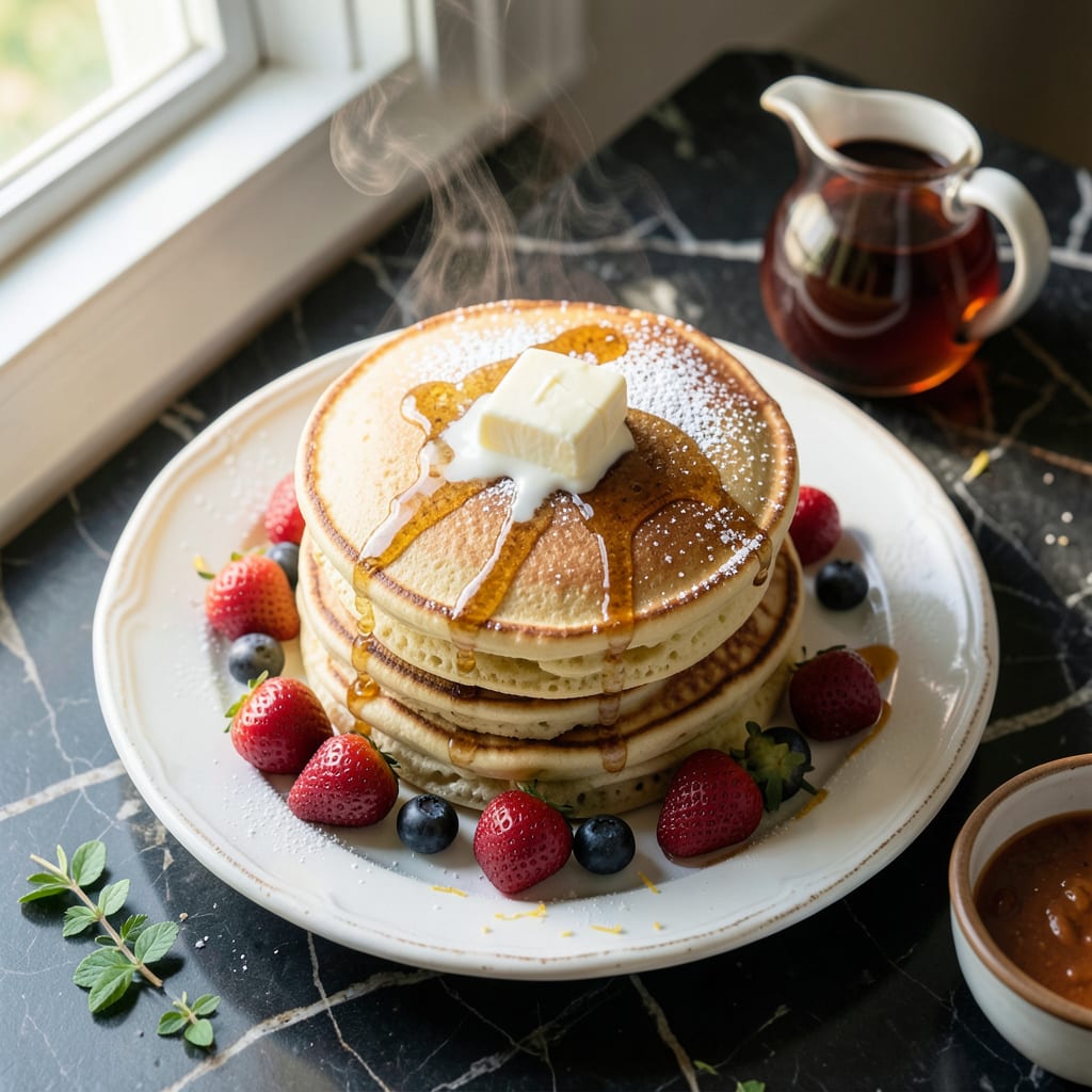 Magnolia Table Pancake Recipe: Fluffy Stacks With Vanilla Kissed Sweetness illustration with key details