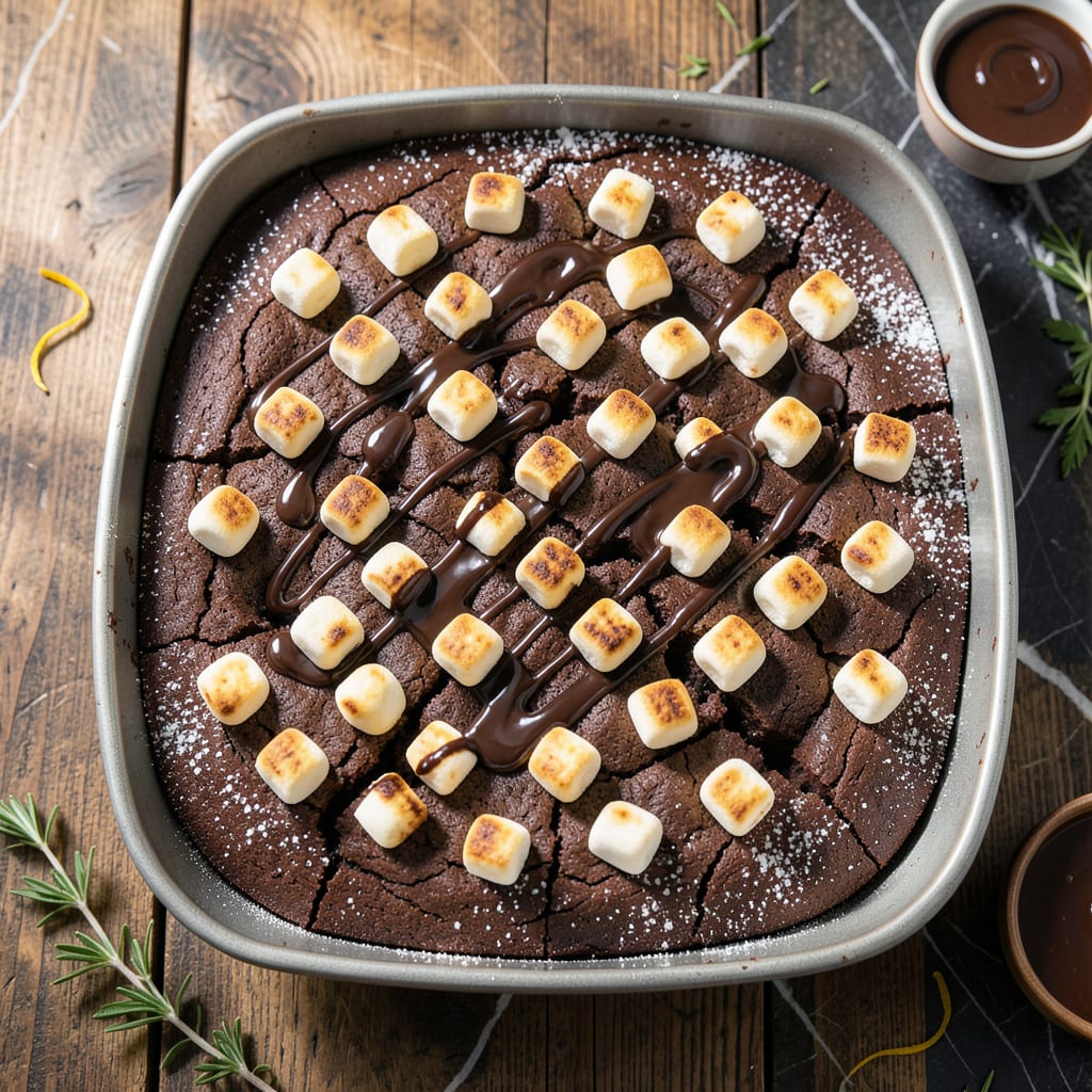 marshmallow chocolate poke cake recipe example with annotations