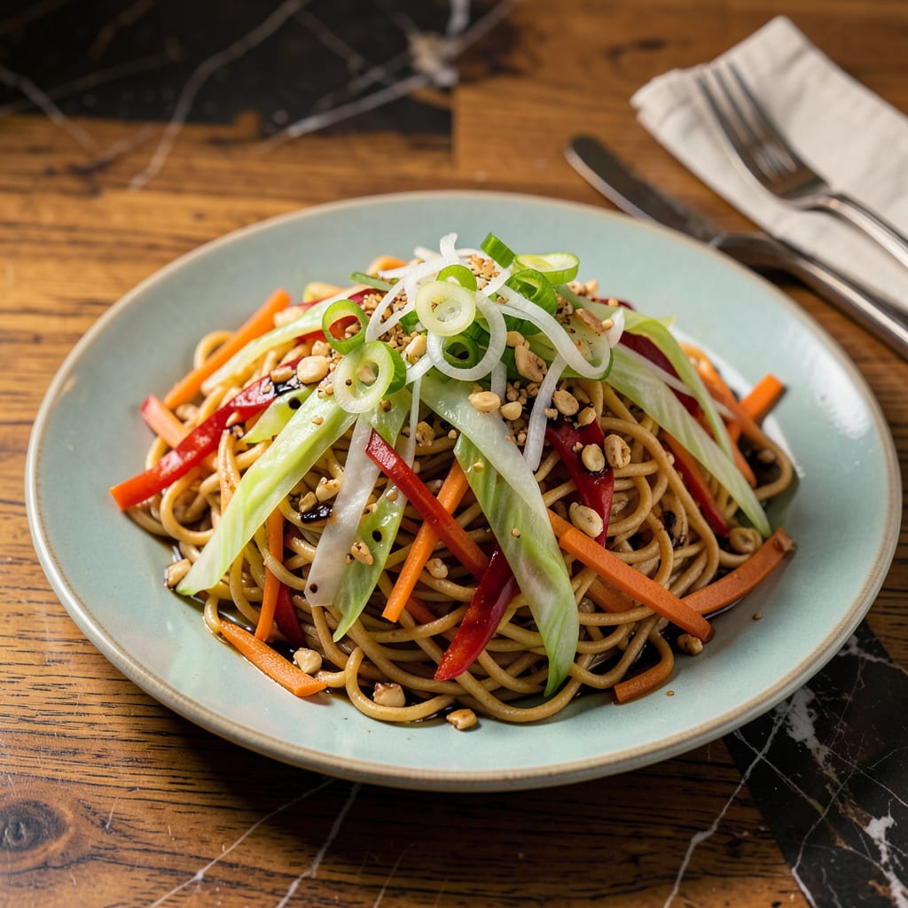 Mock Chow Mein Recipe: Takeout Style Noodles in 20 Minutes illustration with key details
