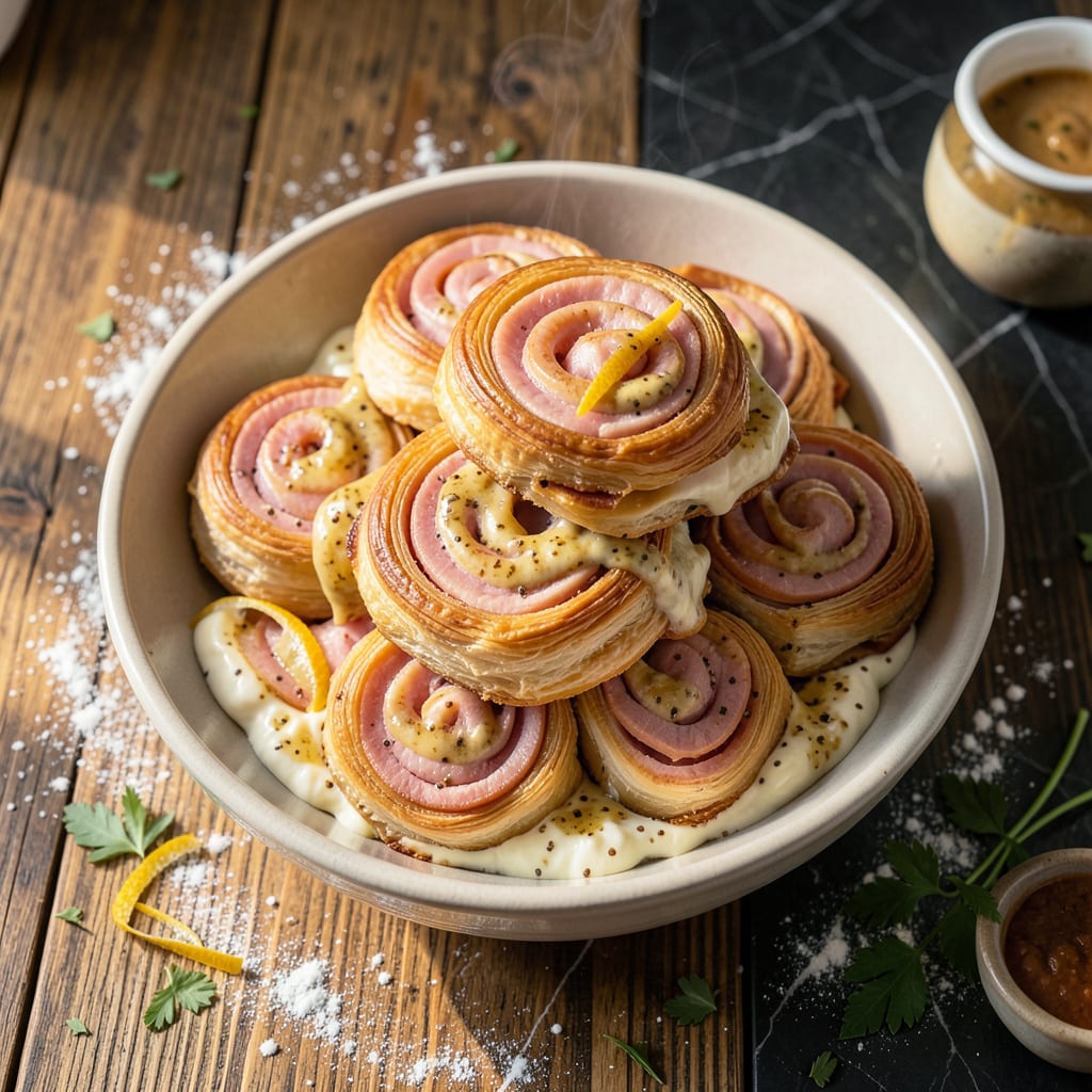 Nancy's Deli Spirals Copycat Recipe: Flaky Pastry With Savory Ham and Cheese example with annotations