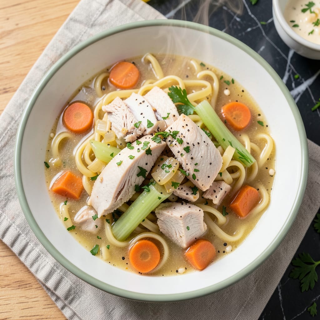 noodles and company chicken noodle soup recipe illustration with key details