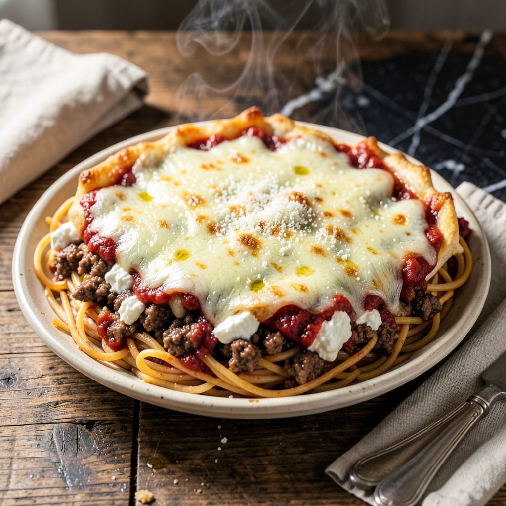 old chicago spaghetti pie recipe illustration with key details