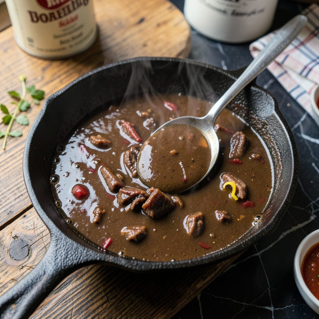 old fashioned beef stew gravy example with annotations
