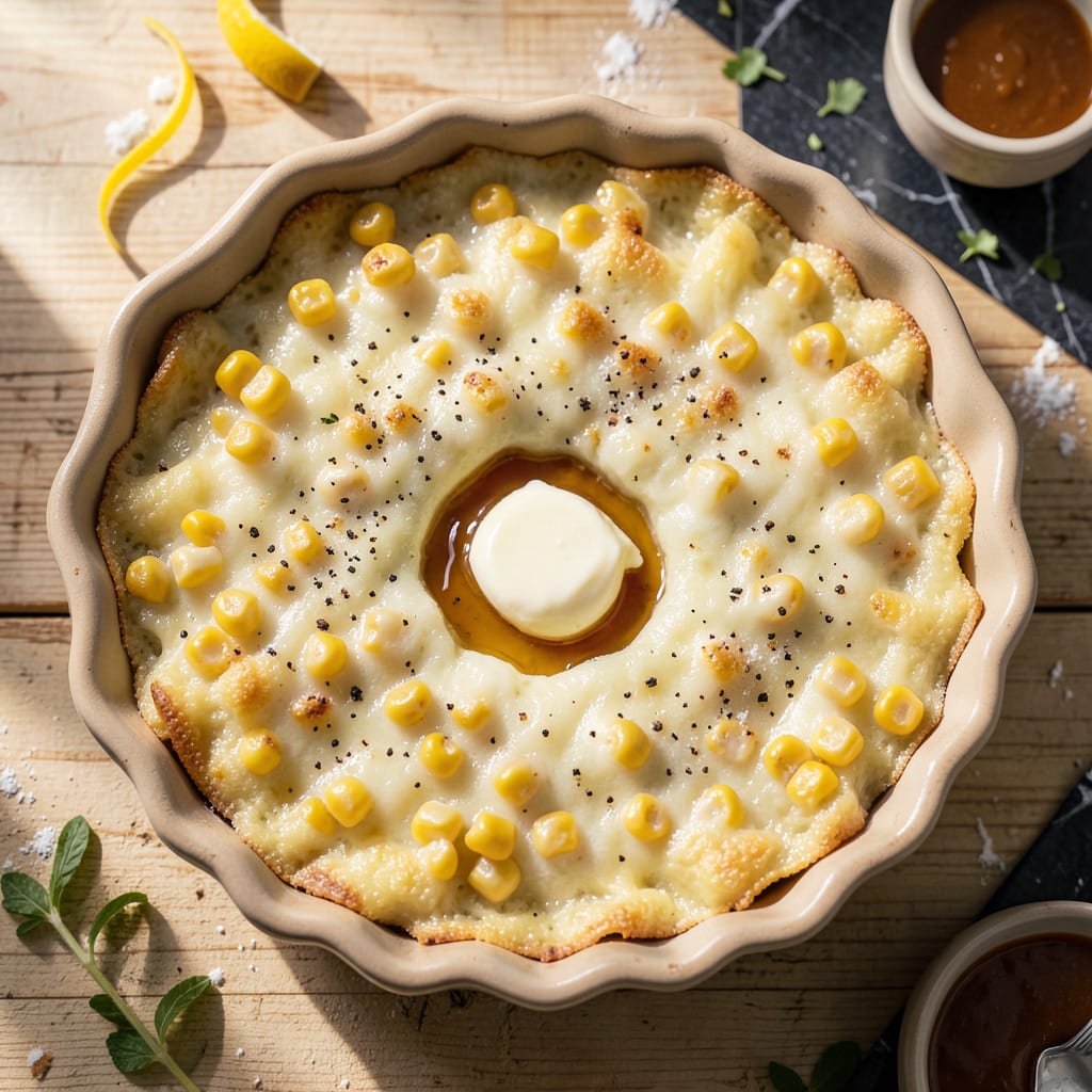 Old Fashioned Scalloped Corn Recipe: Creamy Custard Layers With Buttery Crumb Topping illustration with key details