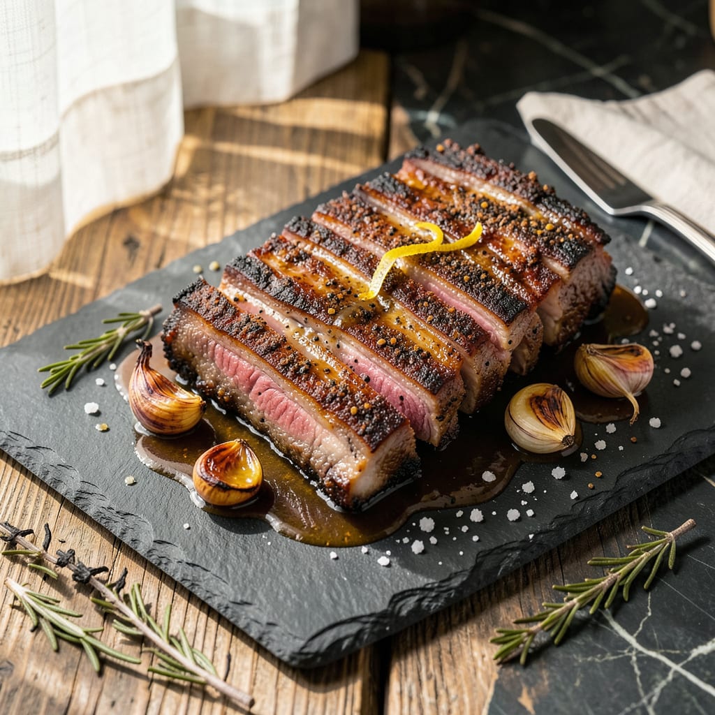 Oven Baked Beef Ribs Recipe: Low and Slow Caramelized Bark with Garlic Herb Crust illustration with key details