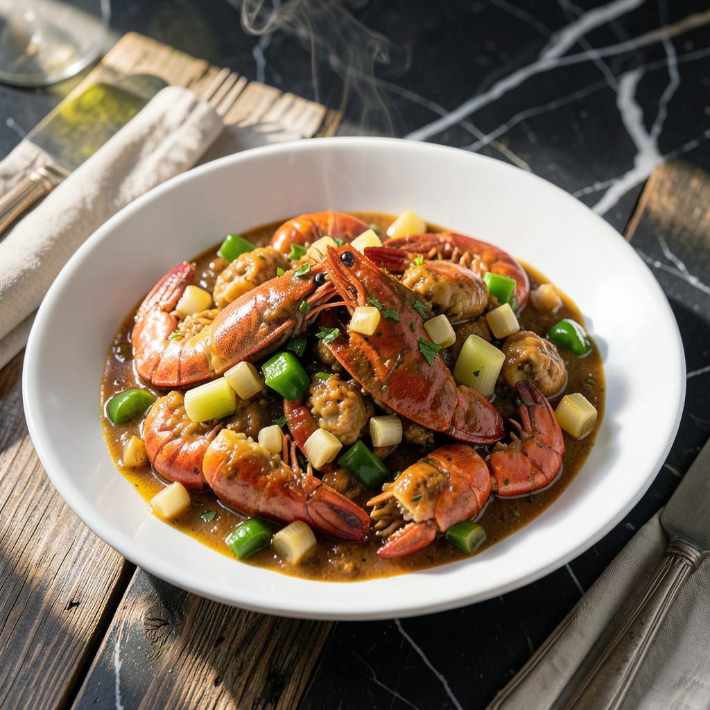 pappadeaux crawfish etouffee recipe illustration with key details